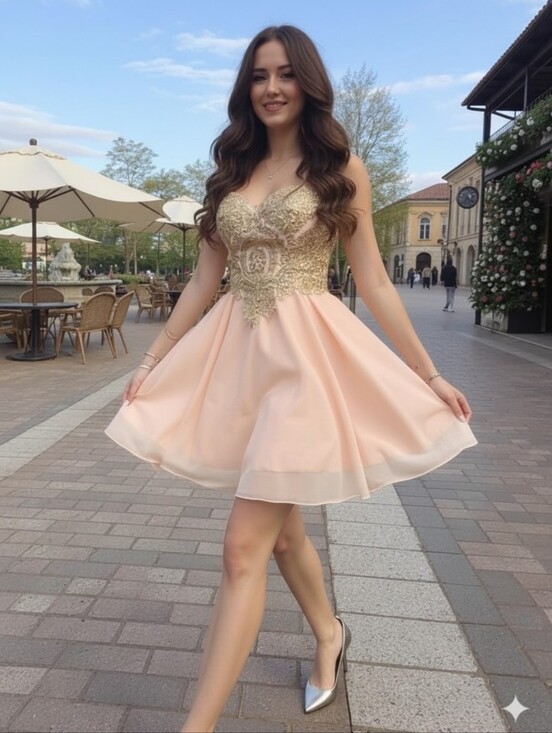 Babyonline Dress Dresses & Skirts - Gold-Embellished Blush Mini Dress with Sweetheart Neckline